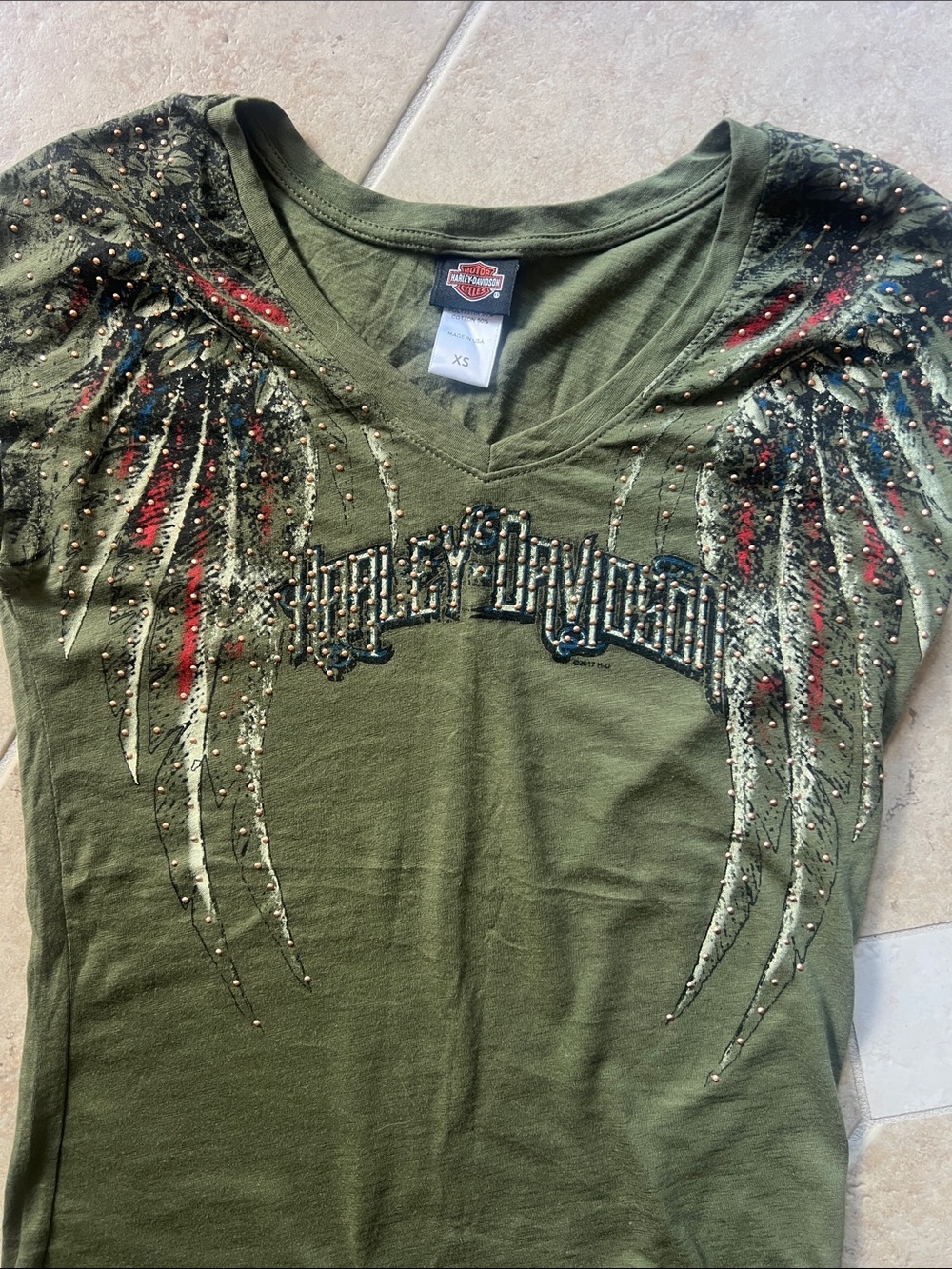 Harley-Davidson Olive Green Wing Graphic Tee with rose gold studded accents